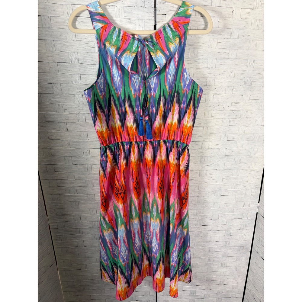 Athleta Womens Dress Midi Ikat Print Sleeveless Tassel tie Back Colorful Summer - Picture 3 of 13